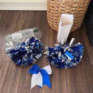Two Color Metallic Baton Handle Pom & hair bow set blue & silver new